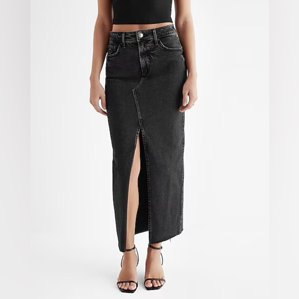 Express High Waisted Black Raw Hem Front Slit Maxi Denim Skirt